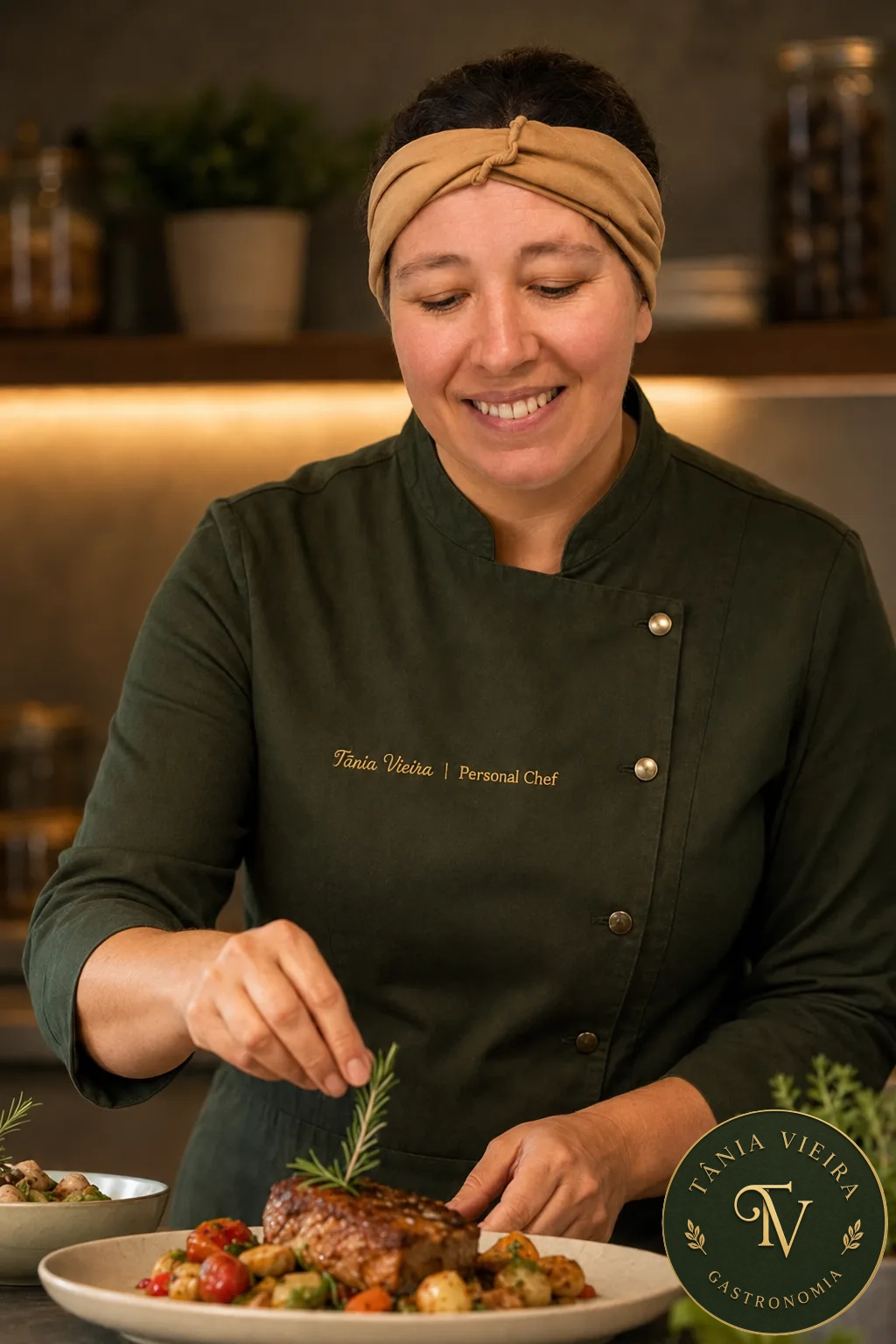 Tânia Vieira Personal Chef finalizando um prato com ervas